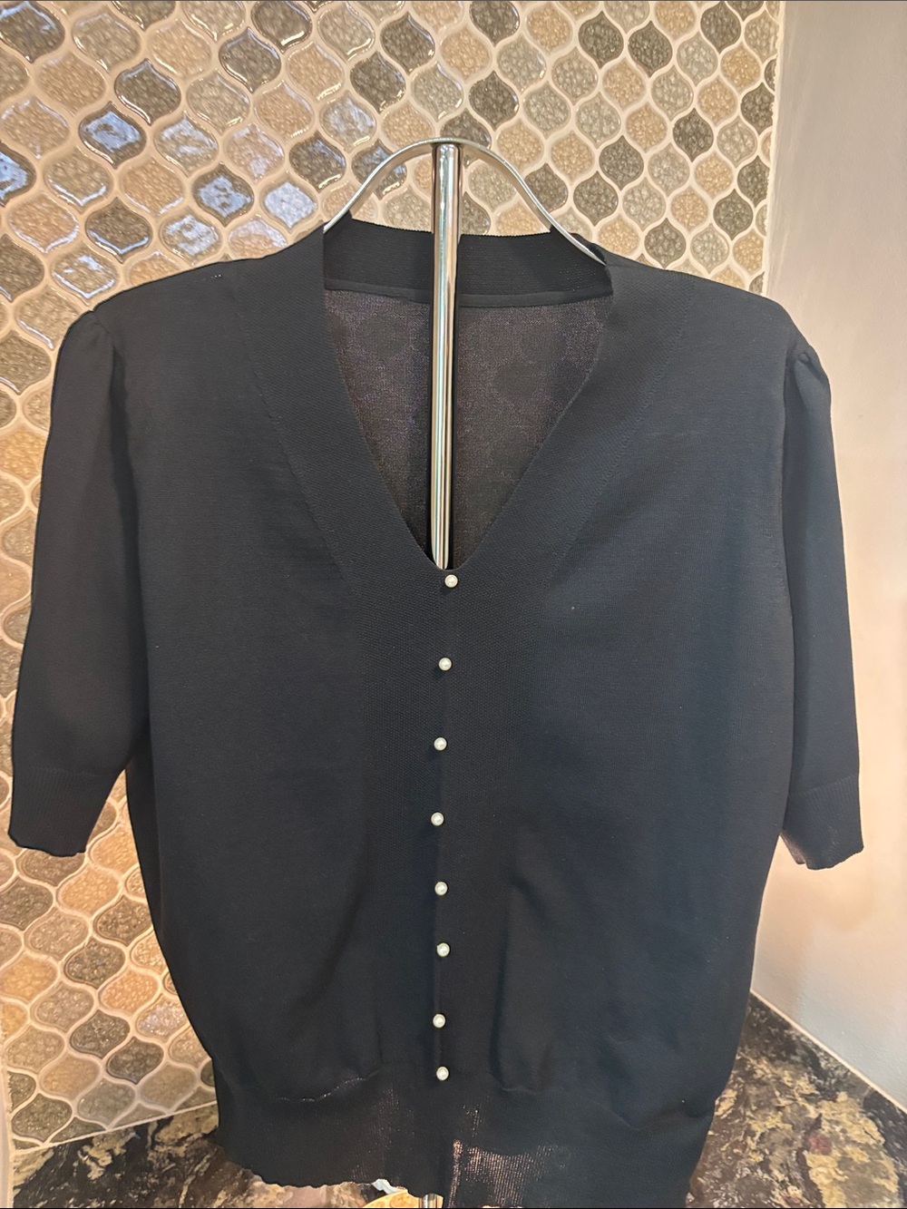 Elegant Black V-Neck Pearl Button Women's Top